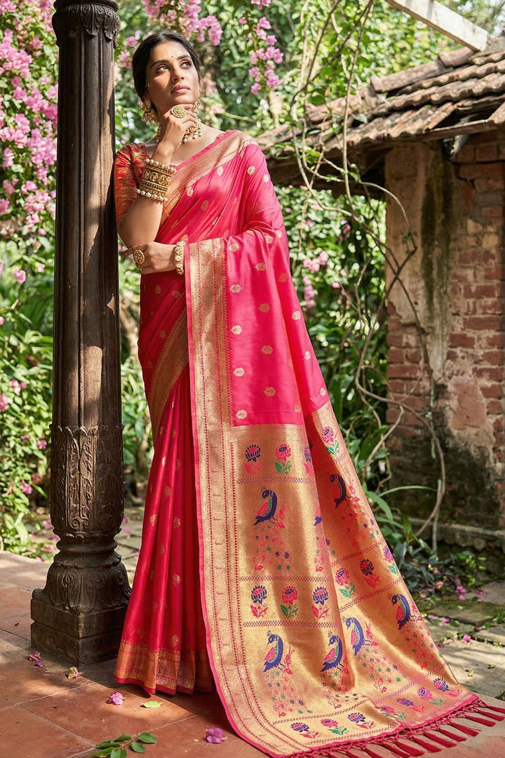 Engaging Pink Soft Silk Weaving Work Saree | Buy Online India