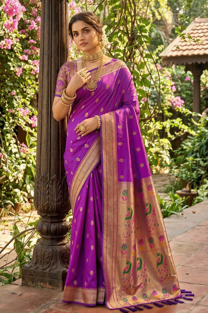 Amazing Weaving Designs On Purple Color Soft Silk Saree | Buy Online India