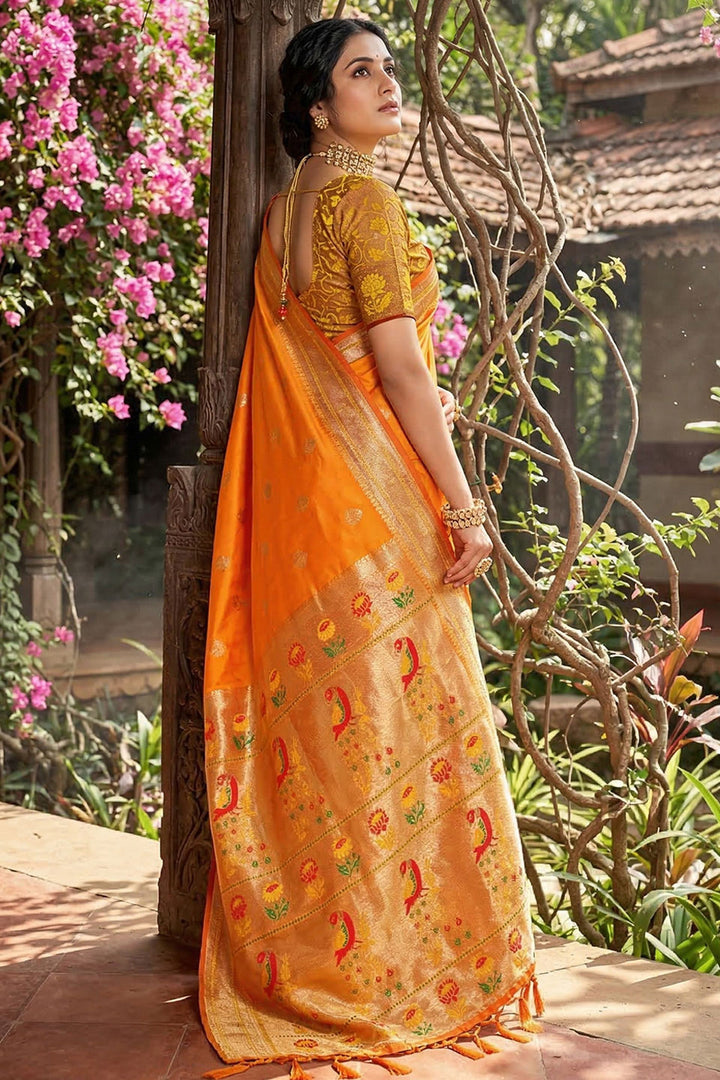 Trendy Weaving Designs On Soft Silk Orange Color Saree | Buy Online India