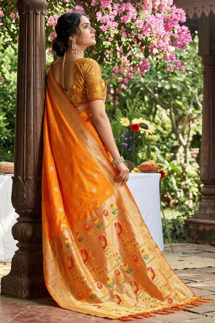 Trendy Weaving Designs On Soft Silk Orange Color Saree | Buy Online India