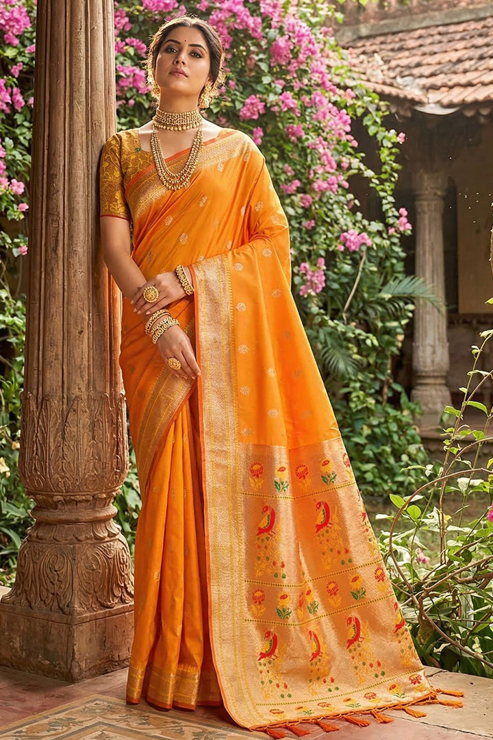 Trendy Weaving Designs On Soft Silk Orange Color Saree | Buy Online India