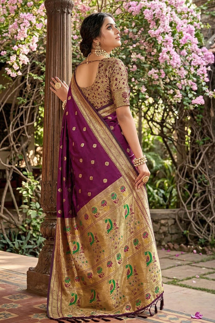 Soothing Weaving Designs On Wine Color Soft Silk Saree | Buy Online India