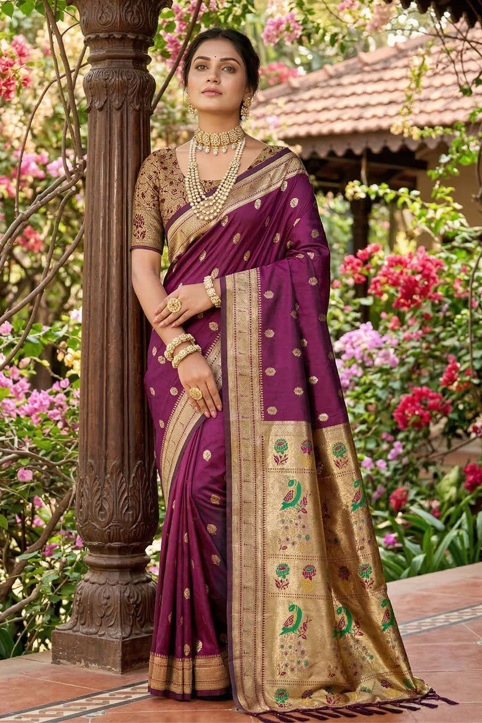 Soothing Weaving Designs On Wine Color Soft Silk Saree | Buy Online India