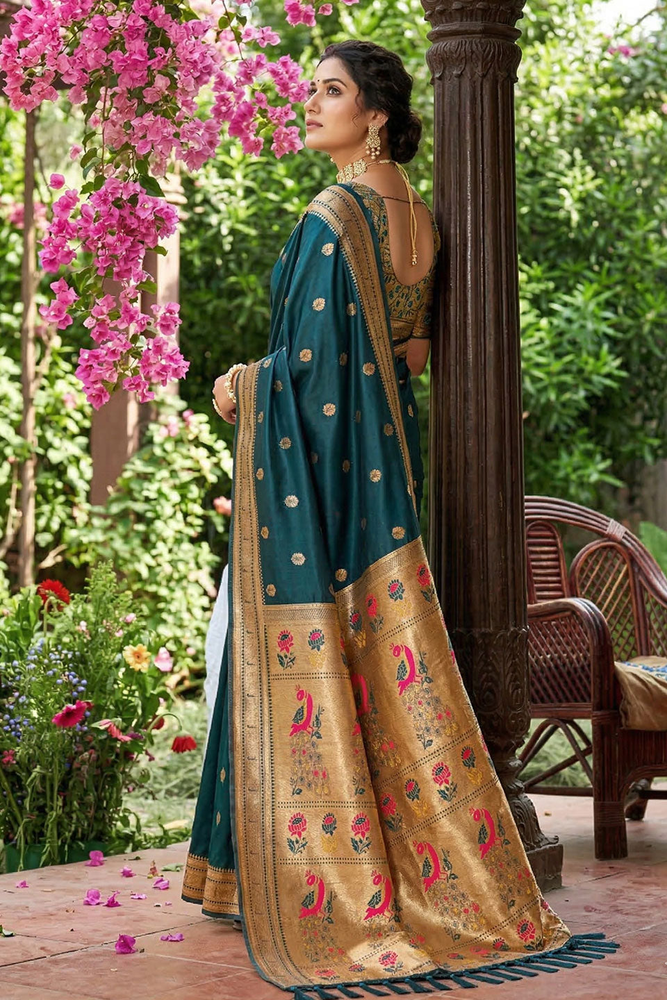 Weaving Designs On Soft Silk Teal Color Gorgeous Saree | Buy Online India