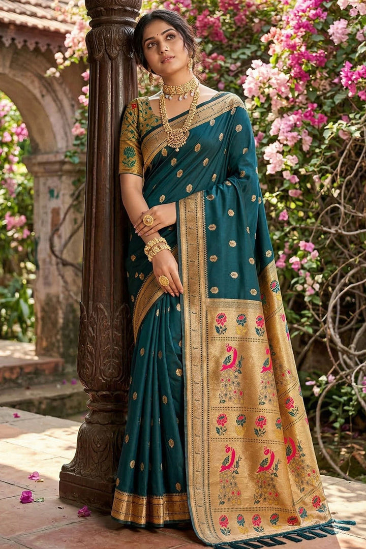 Weaving Designs On Soft Silk Teal Color Gorgeous Saree | Buy Online India