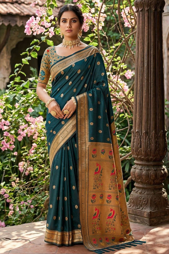Weaving Designs On Soft Silk Teal Color Gorgeous Saree | Buy Online India