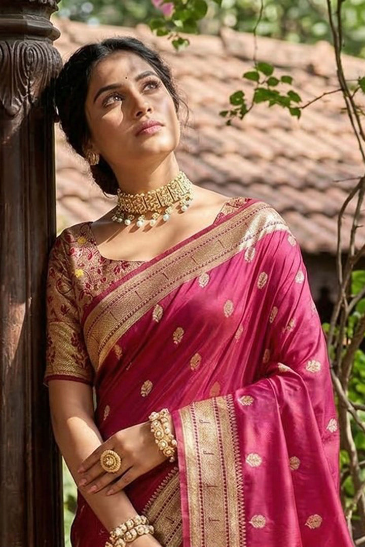 Graceful Soft Silk Rani Color Saree With Weaving Work | Buy Online India