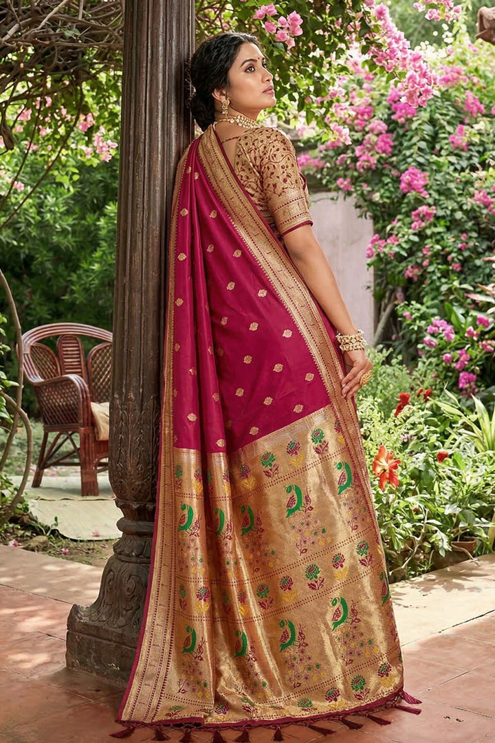 Graceful Soft Silk Rani Color Saree With Weaving Work | Buy Online India