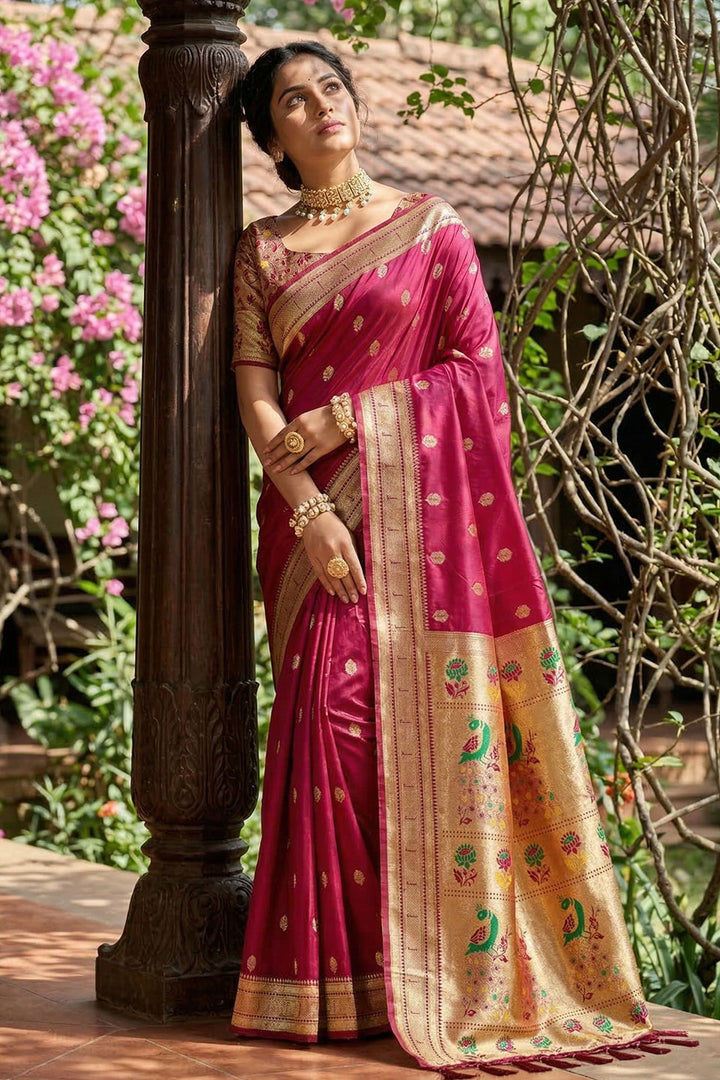 Graceful Soft Silk Rani Color Saree With Weaving Work | Buy Online India