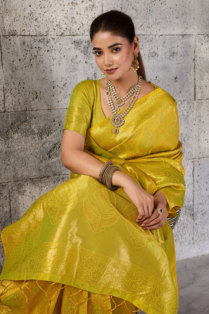 Mustard Color Weaving Work Kanjivaram Silk Saree | Buy Online India