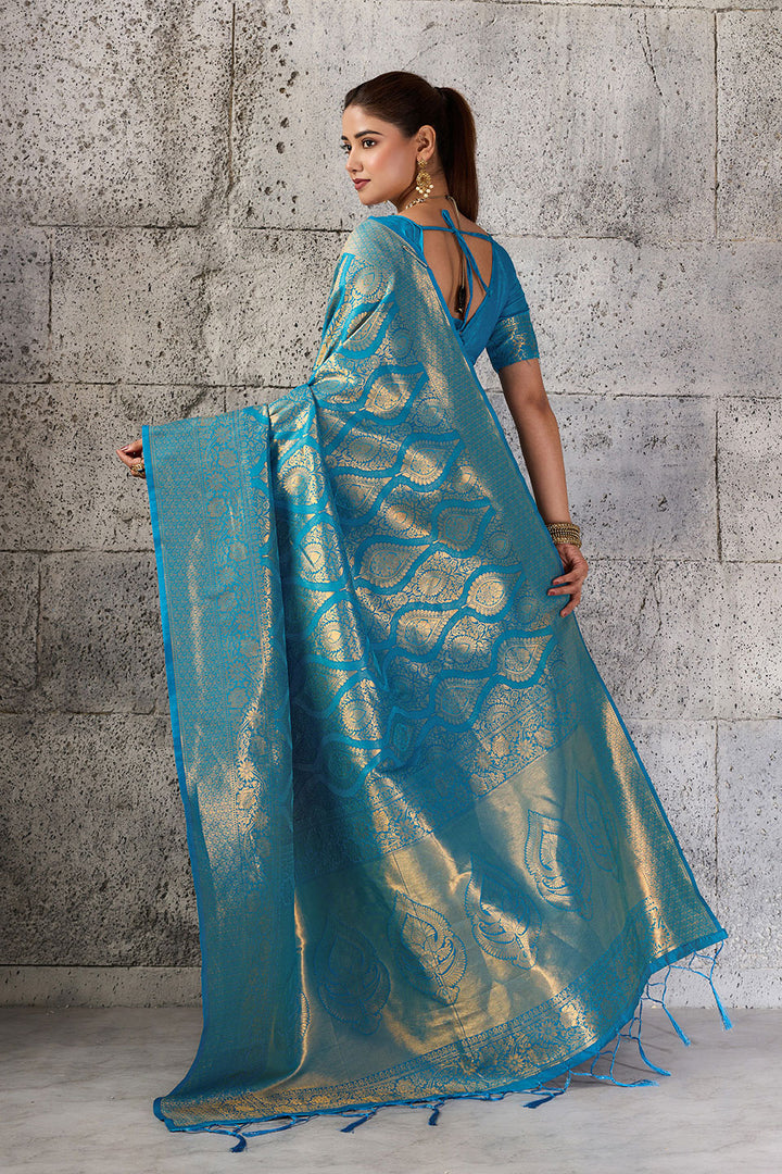 Weaving Work Kanjivaram Silk Saree In Teal Color | Buy Online India