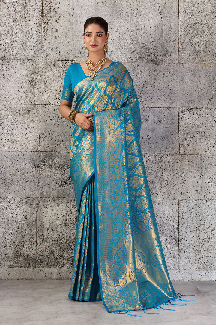 Weaving Work Kanjivaram Silk Saree In Teal Color | Buy Online India