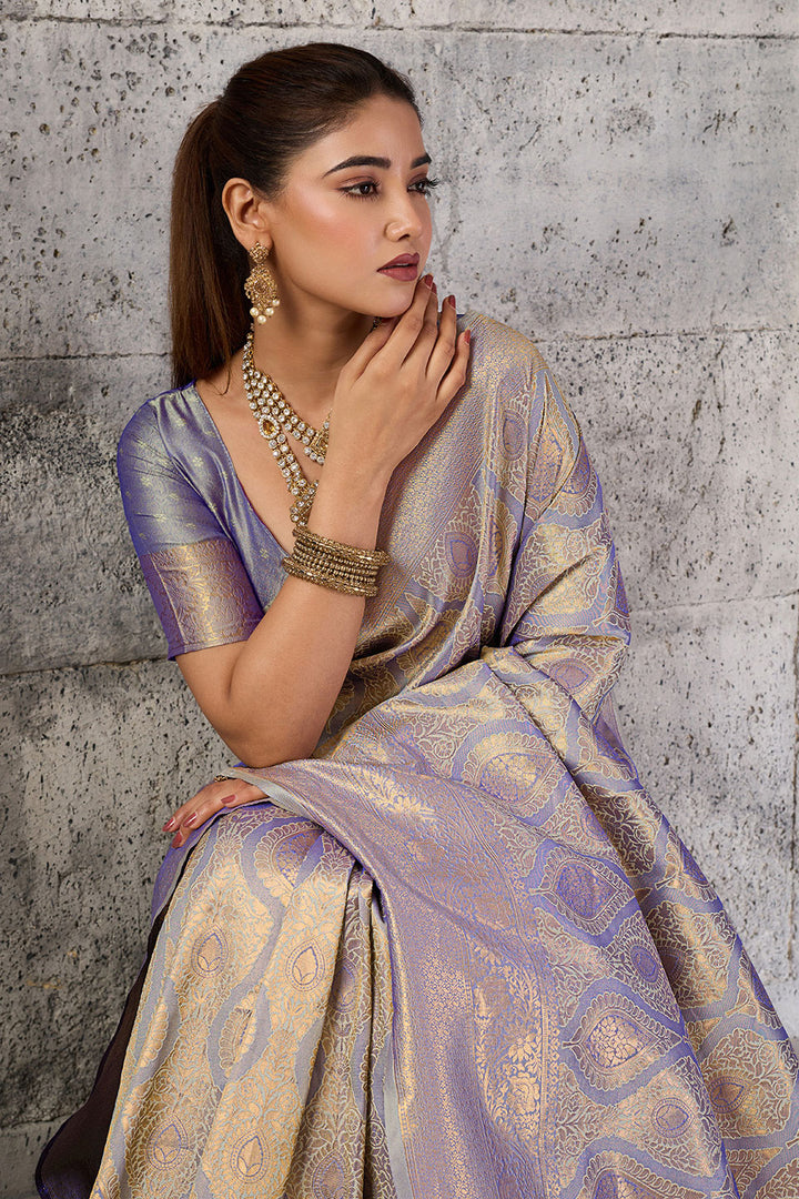 Grey Weaving Work Kanjivaram Silk Saree | Buy Online India