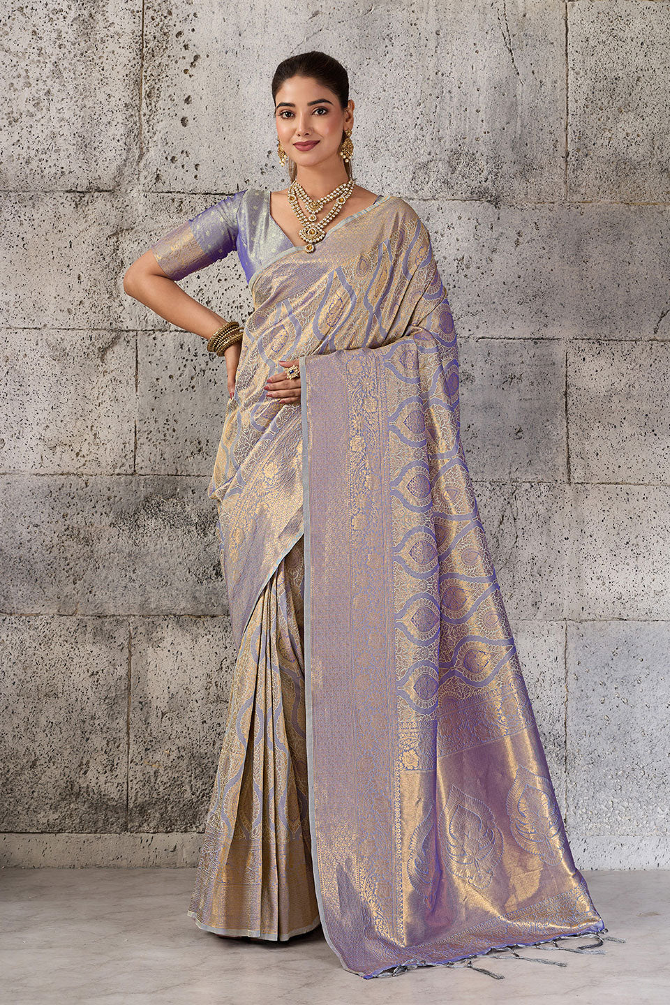 Grey Weaving Work Kanjivaram Silk Saree | Buy Online India