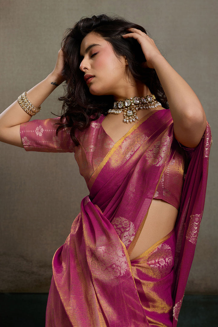 Amazing Weaving Work On Magenta Tissue Silk Saree