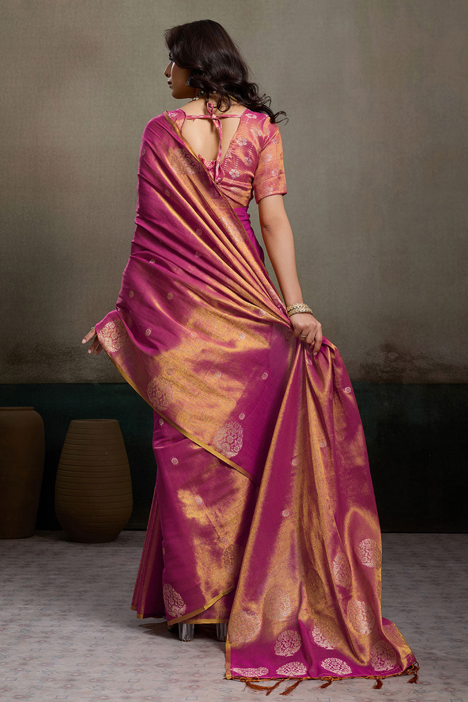 Amazing Weaving Work On Magenta Tissue Silk Saree