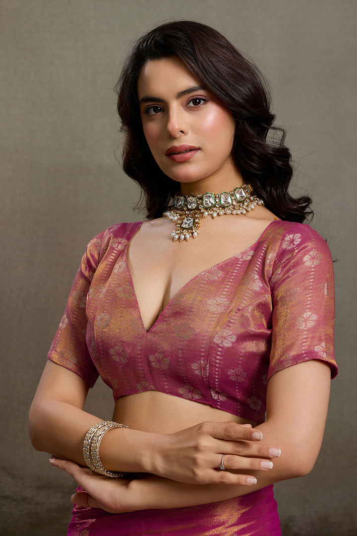 Amazing Weaving Work On Magenta Tissue Silk Saree