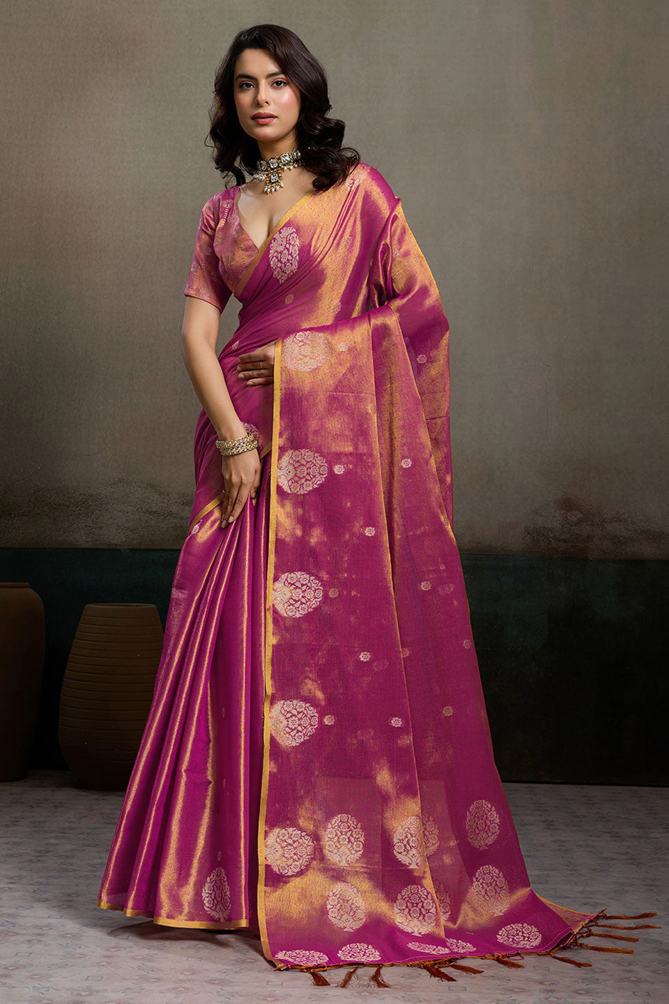 Amazing Weaving Work On Magenta Tissue Silk Saree