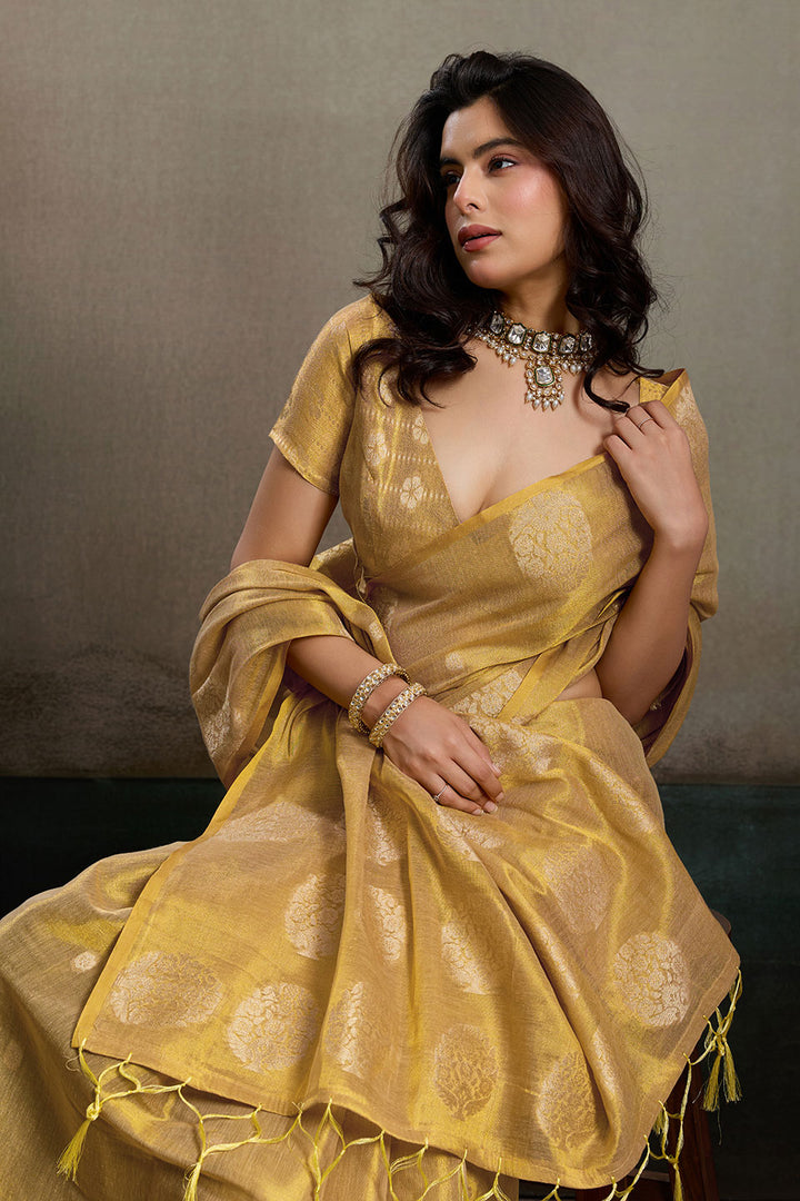 Trendy Tissue Silk Beige Color Weaving Work Saree