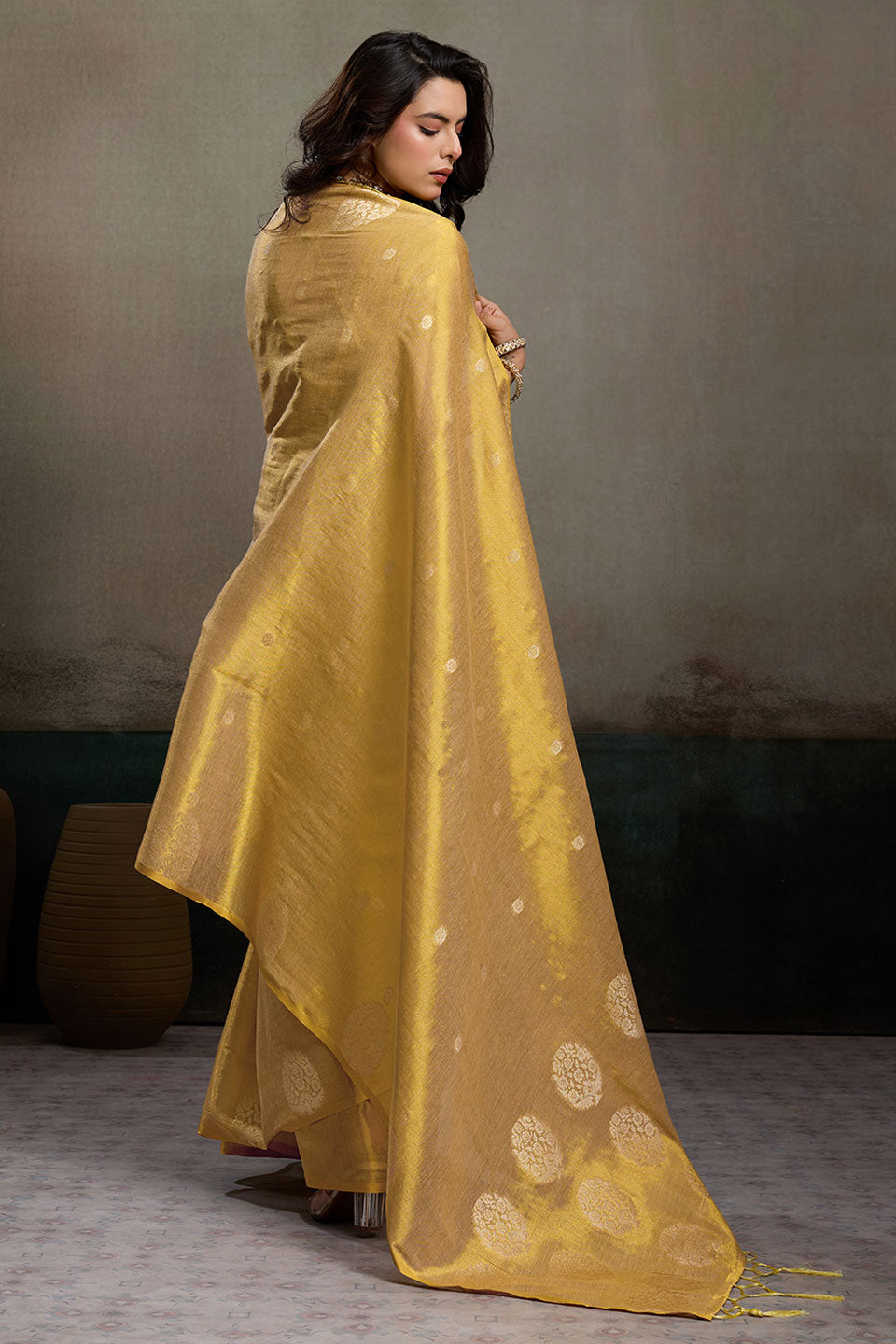 Trendy Tissue Silk Beige Color Weaving Work Saree
