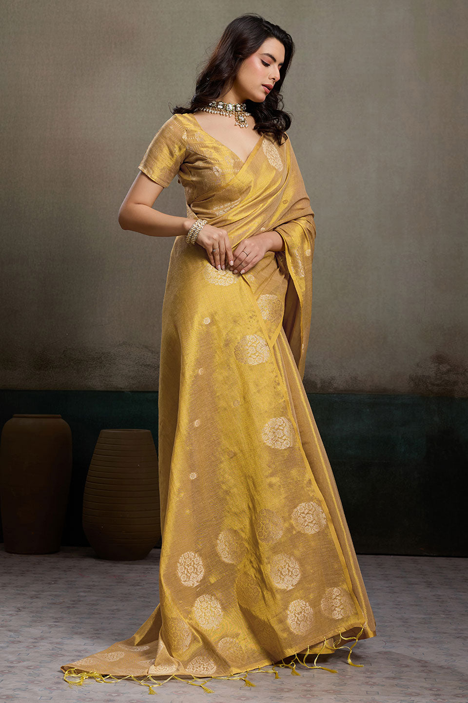 Trendy Tissue Silk Beige Color Weaving Work Saree