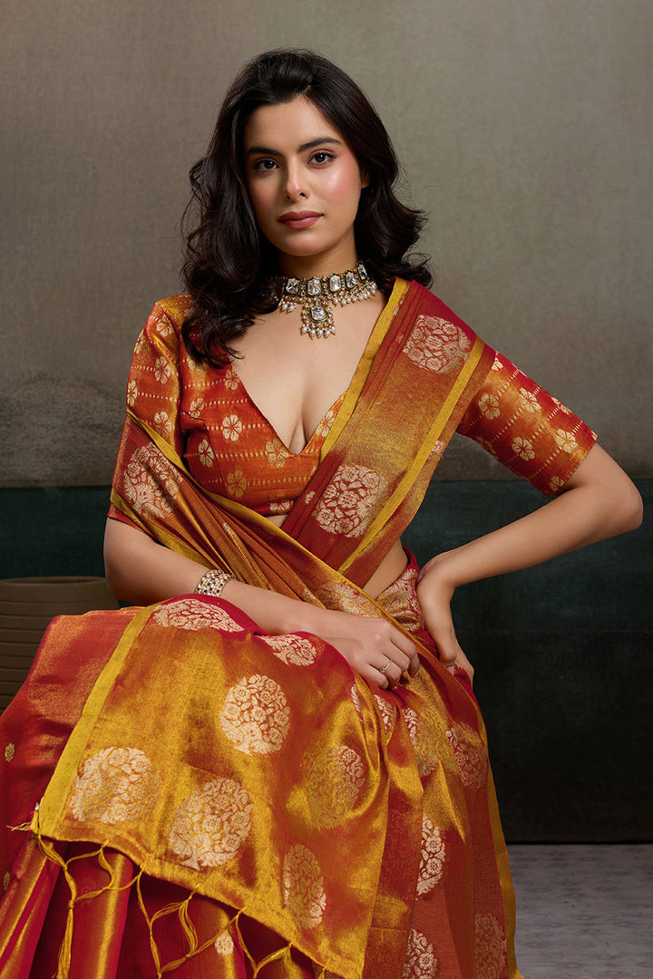 Orange Weaving Work On Tissue Silk Chic Saree