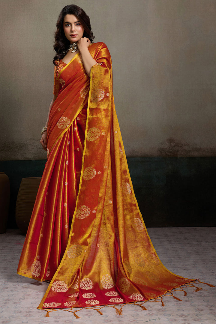 Orange Weaving Work On Tissue Silk Chic Saree
