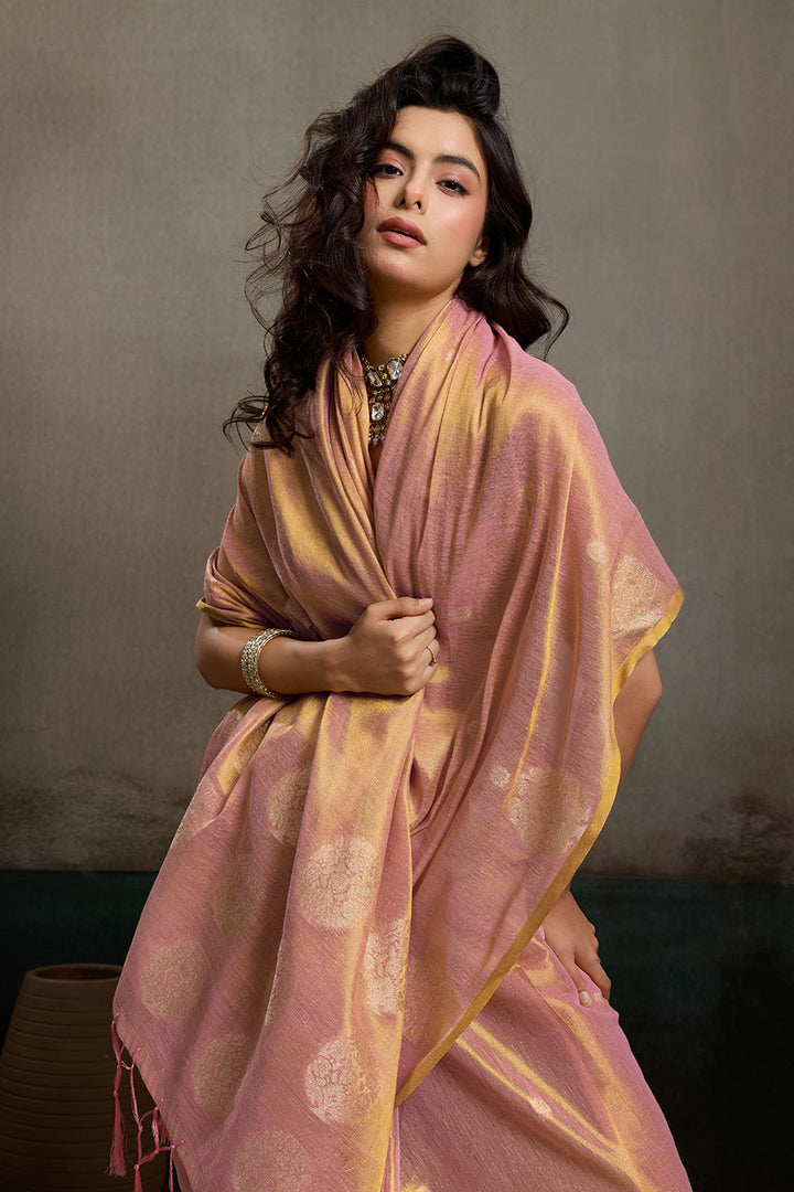 Soothing Weaving Work On Pink Tissue Silk Saree