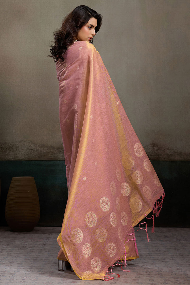 Soothing Weaving Work On Pink Tissue Silk Saree