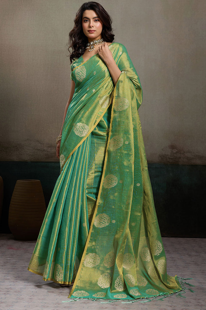 Weaving Work On Tissue Silk Green Gorgeous Saree