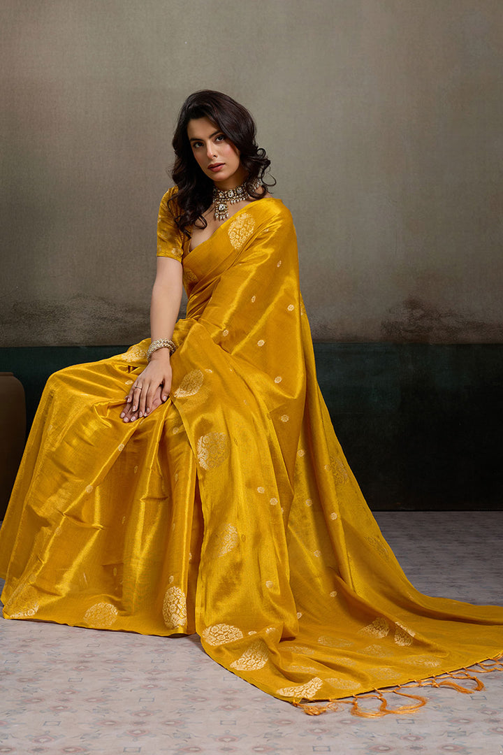 Graceful Tissue Silk Mustard Color Saree With Weaving Work