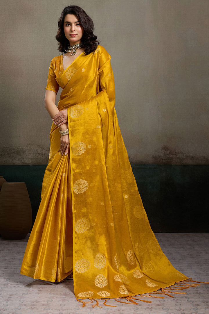 Graceful Tissue Silk Mustard Color Saree With Weaving Work