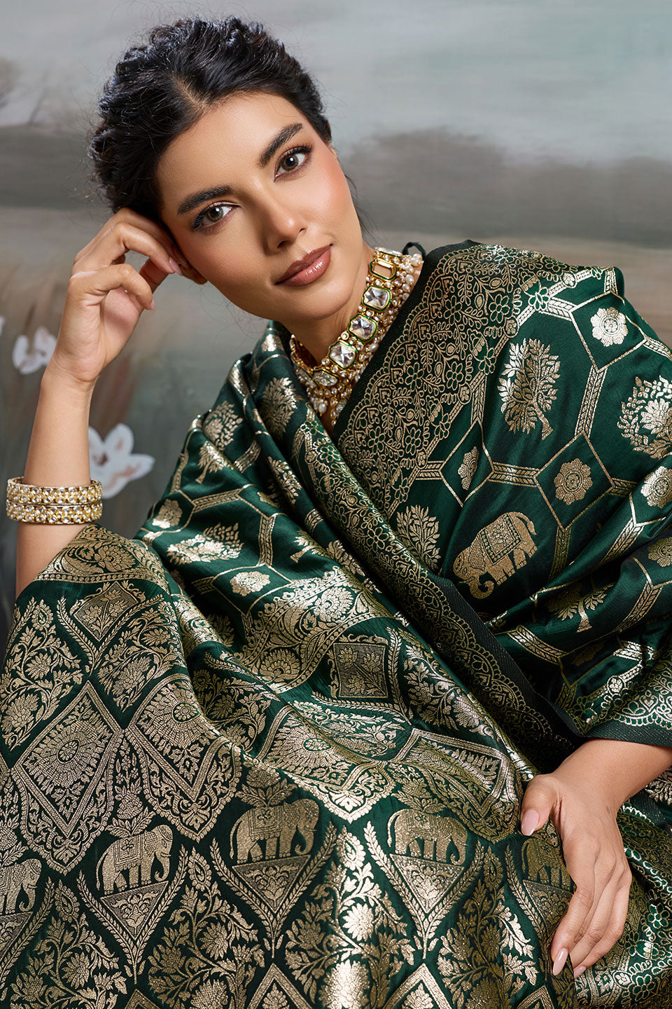 Dark Green Color Banarasi Silk Blend Saree | Buy Online India