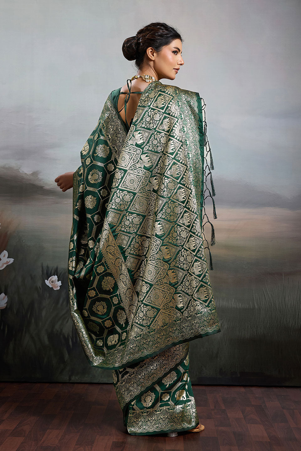 Dark Green Color Banarasi Silk Blend Saree | Buy Online India