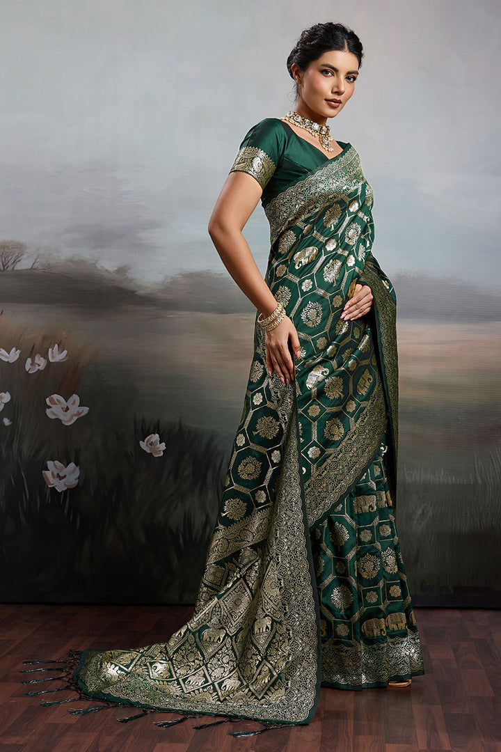 Dark Green Color Banarasi Silk Blend Saree | Buy Online India
