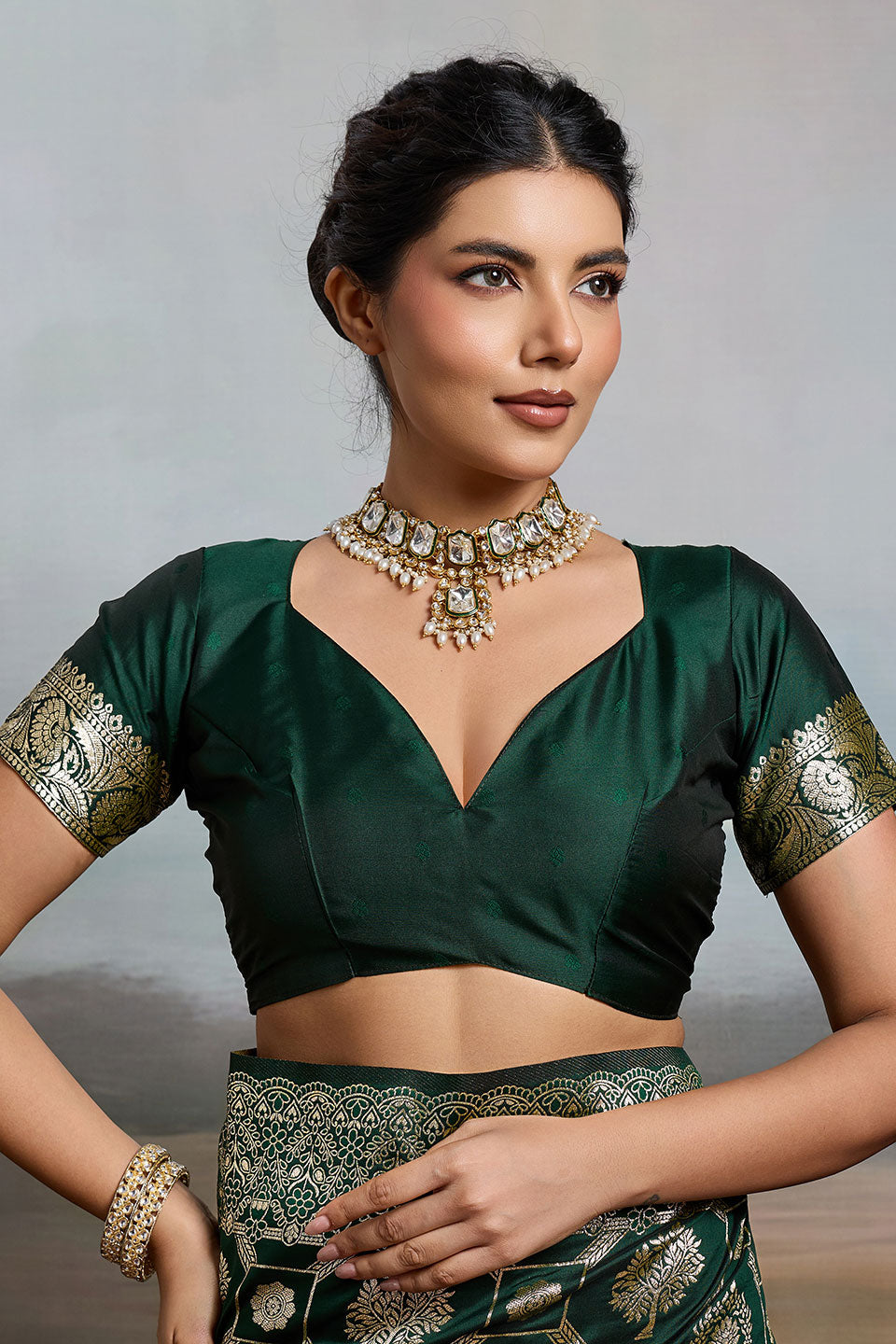 Dark Green Color Banarasi Silk Blend Saree | Buy Online India