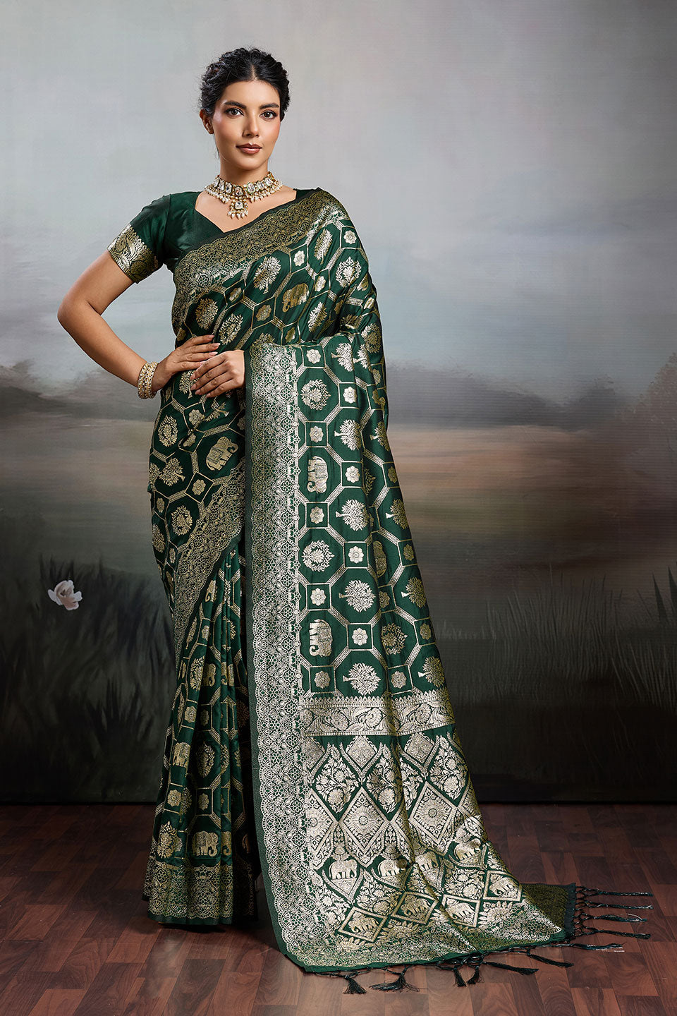 Dark Green Color Banarasi Silk Blend Saree | Buy Online India