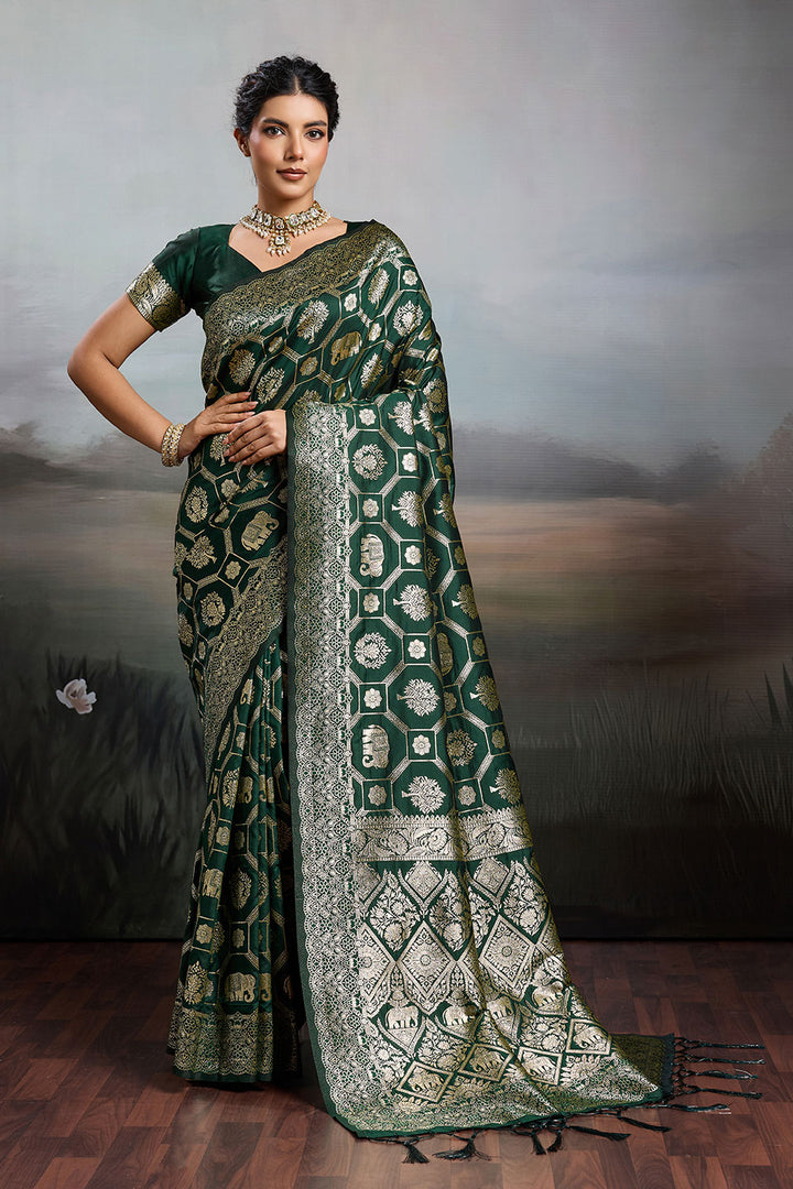 Dark Green Color Banarasi Silk Blend Saree | Buy Online India