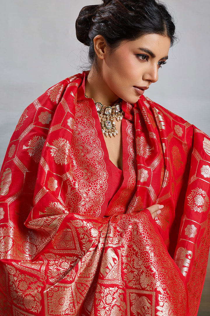 Red Glamorous Banarasi Silk Blend Saree | Buy Online India
