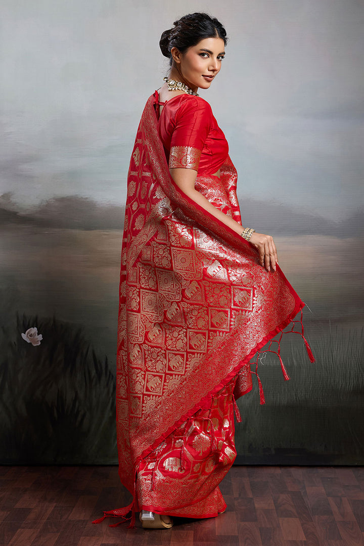 Red Glamorous Banarasi Silk Blend Saree | Buy Online India