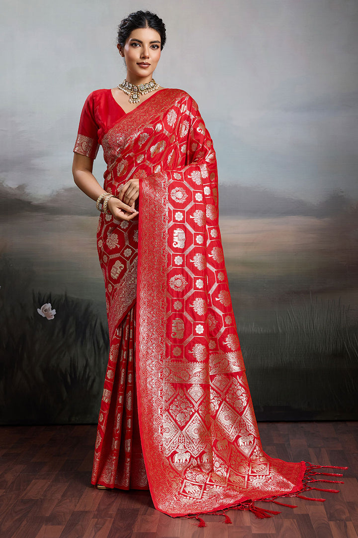 Red Glamorous Banarasi Silk Blend Saree | Buy Online India
