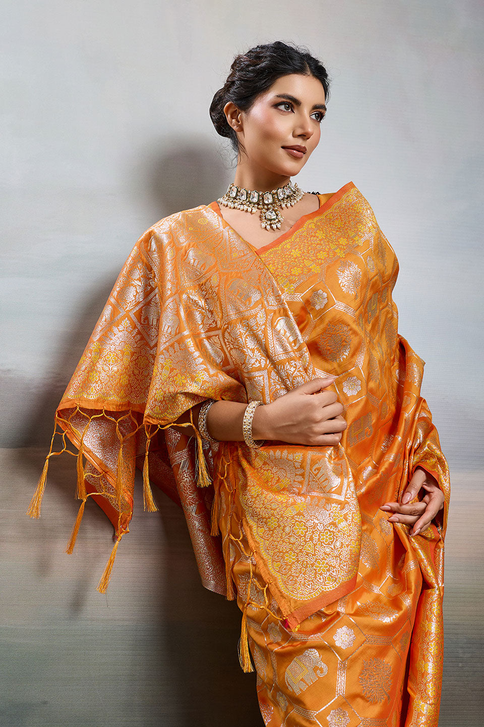 Orange Banarasi Silk Blend Saree For Festive | Buy Online India