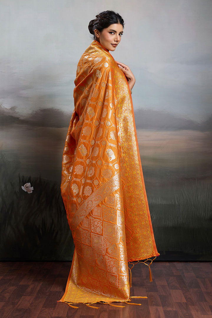 Orange Banarasi Silk Blend Saree For Festive | Buy Online India