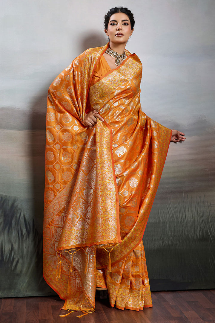 Orange Banarasi Silk Blend Saree For Festive | Buy Online India