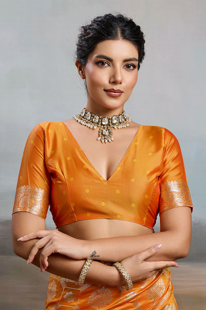 Orange Banarasi Silk Blend Saree For Festive | Buy Online India