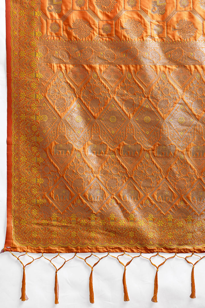 Orange Banarasi Silk Blend Saree For Festive | Buy Online India