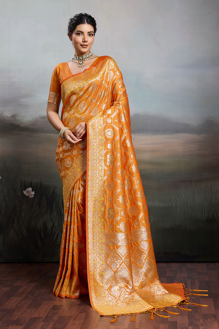 Orange Banarasi Silk Blend Saree For Festive | Buy Online India