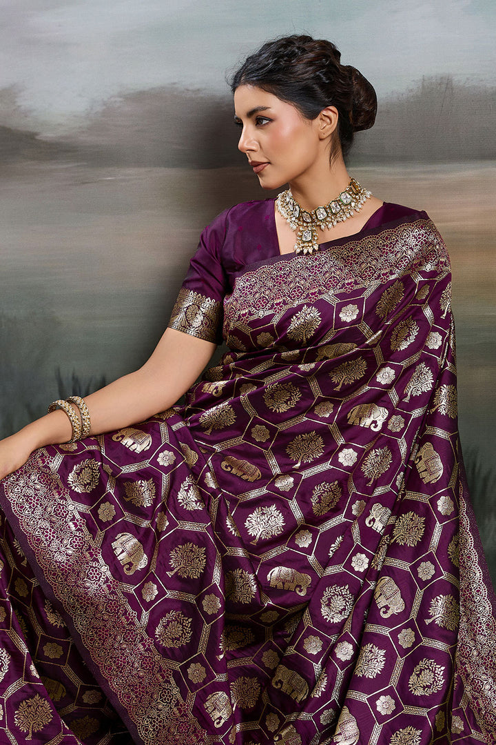 Attractive Banarasi Silk Blend Saree In Wine Color | Buy Online India