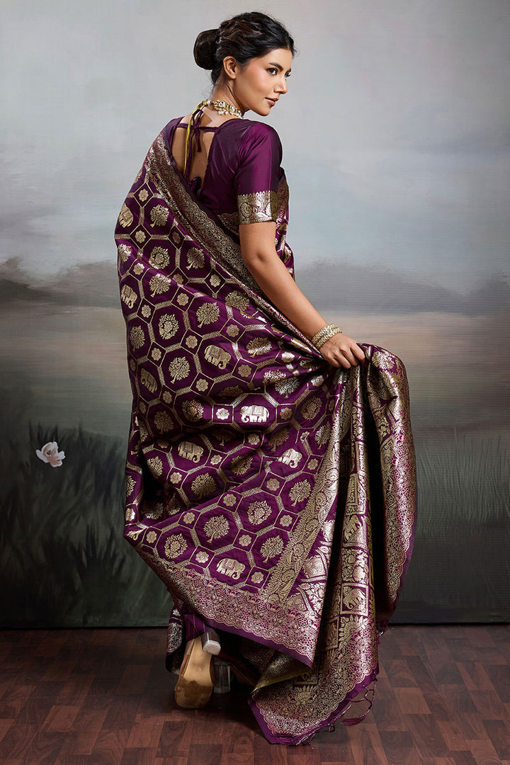 Attractive Banarasi Silk Blend Saree In Wine Color | Buy Online India