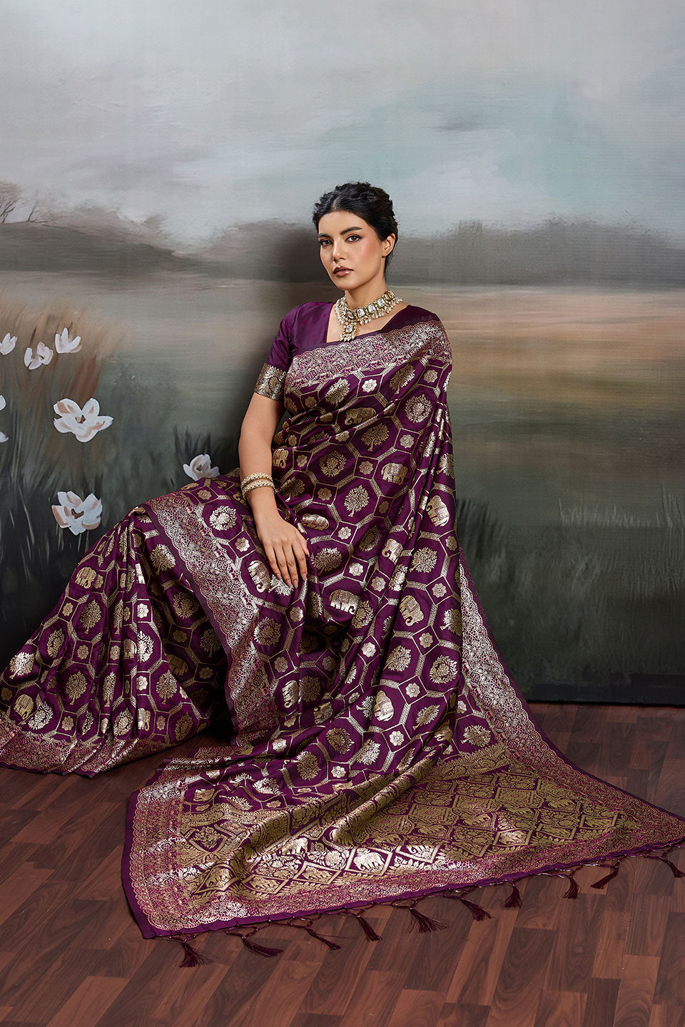 Attractive Banarasi Silk Blend Saree In Wine Color | Buy Online India